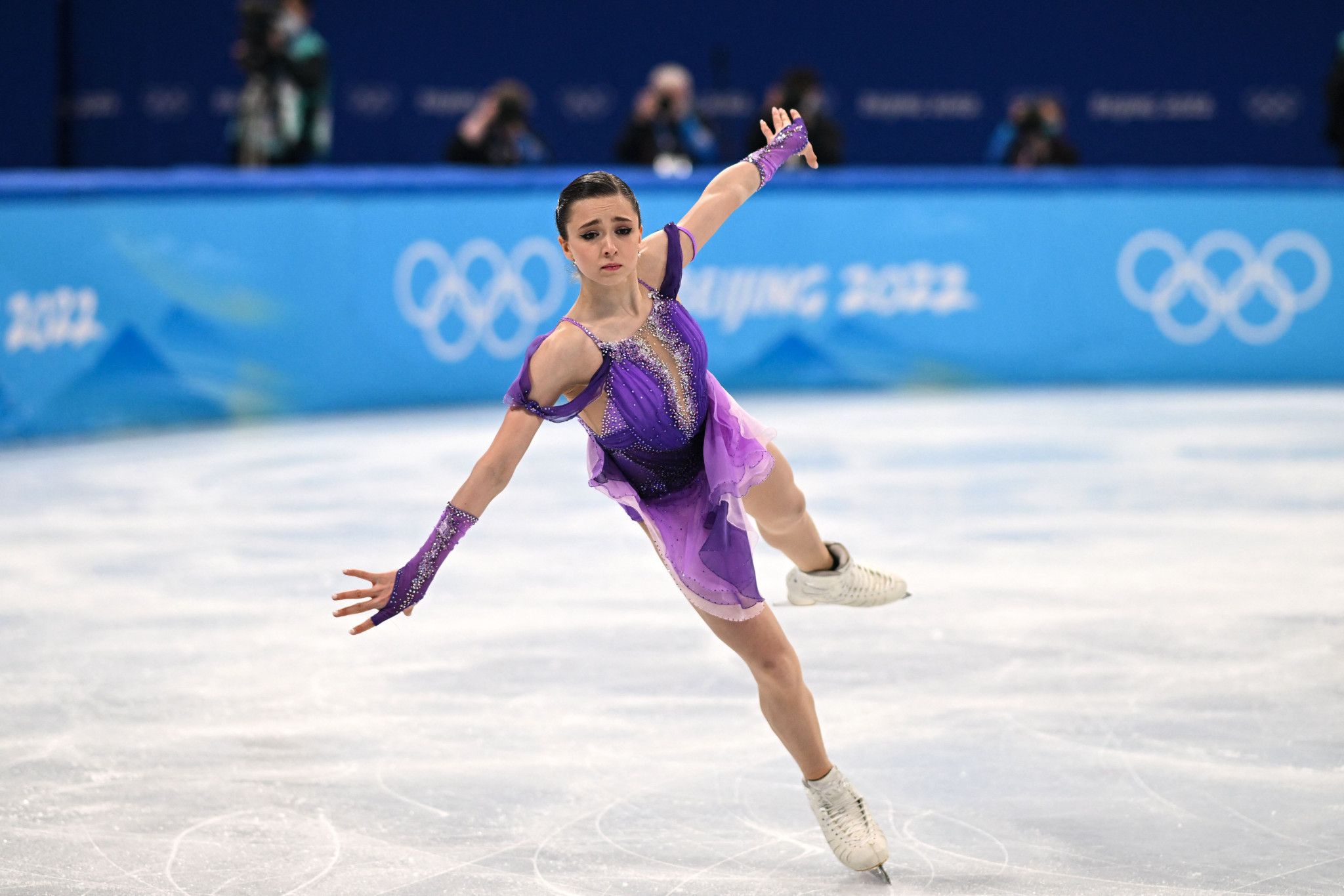 Kamila Valieva of the Russian Olympic Committee recovered from an early stumble on her triple axel to score 82.16 in the short programme of the women's singles figure skating event ©Getty Images